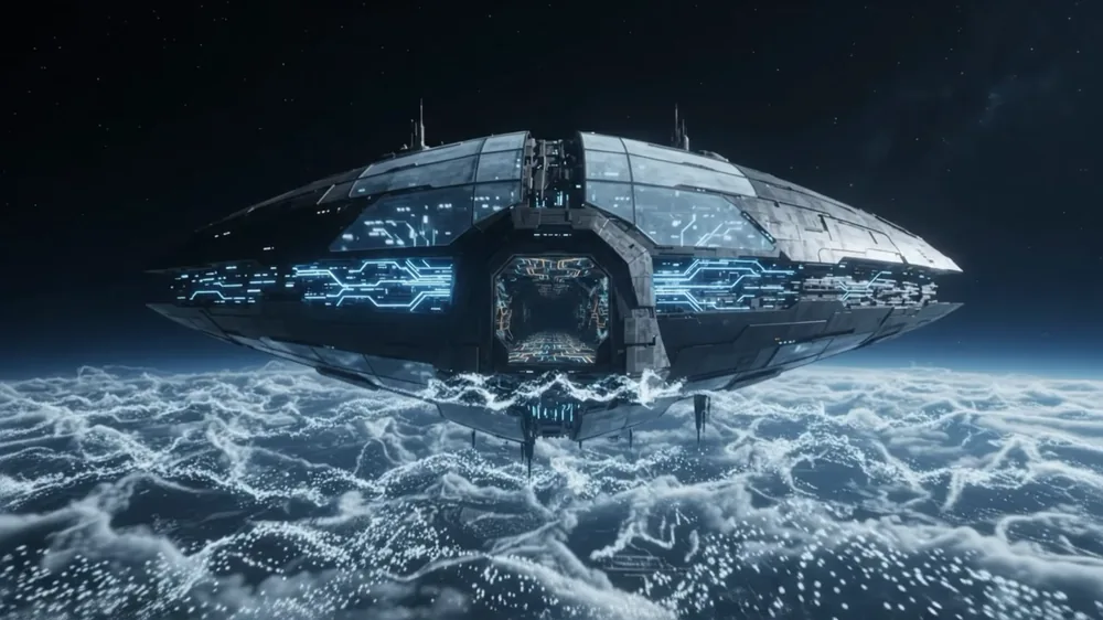 A silver Ark above a luminous ocean, opening into an interconnected passage of blue light.