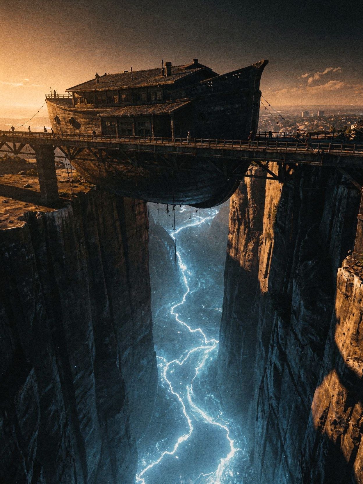 An ark spans a deep canyon, connecting two sides above a luminous river.