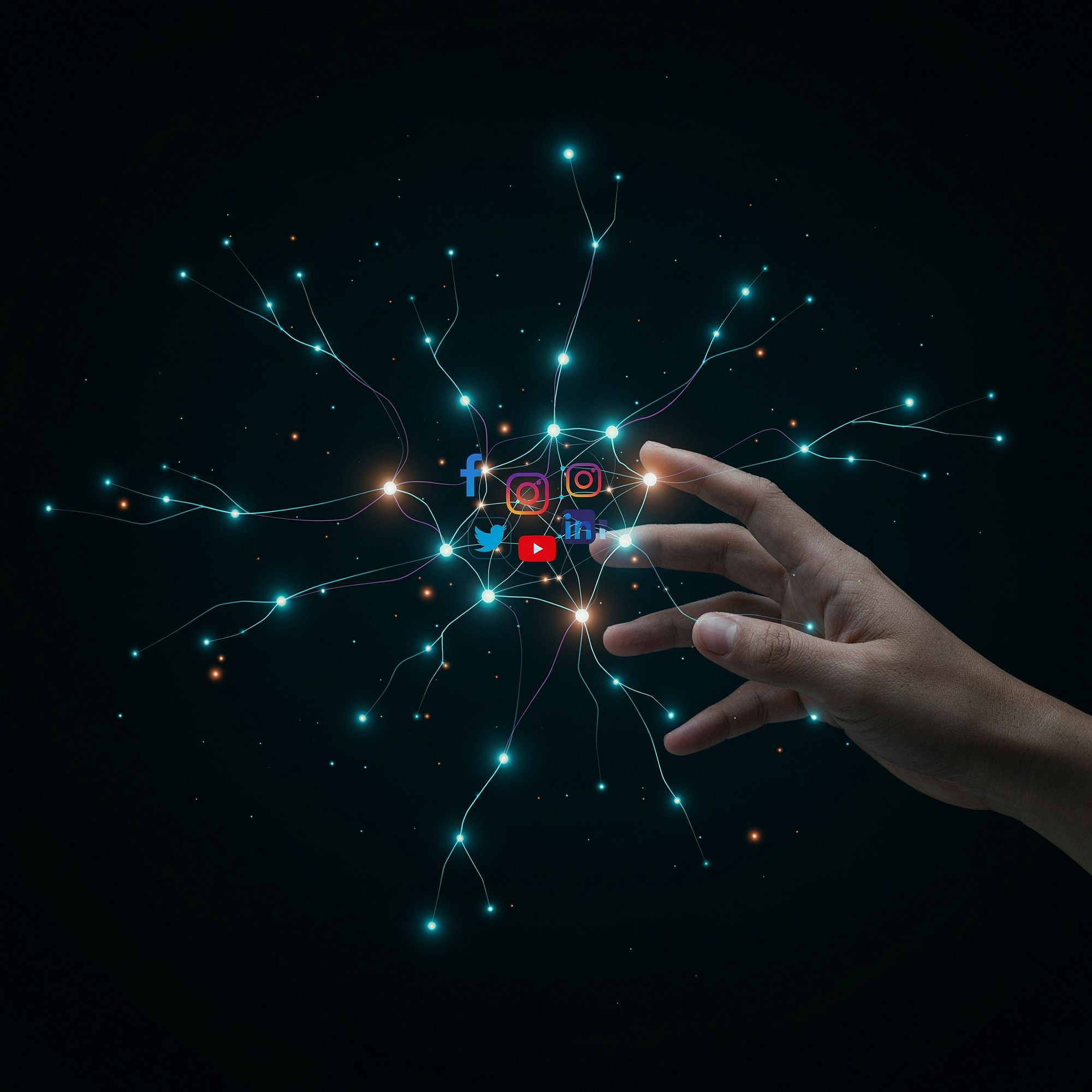 A network of glowing connections linking social and media channels.