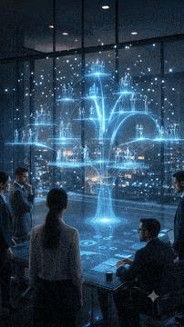 An illuminated digital growth engine at the center of a collaborative workspace.