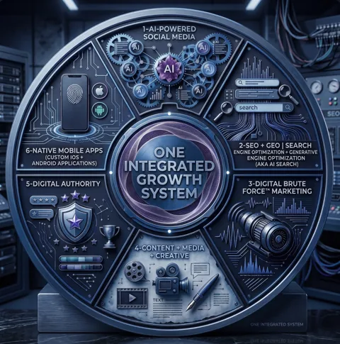 AiGrowthArk’s integrated growth system, illustrated as six connected disciplines.